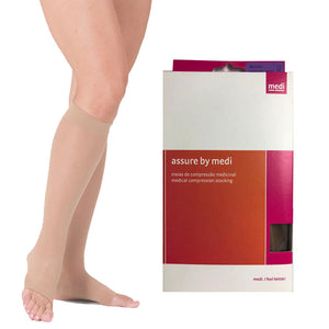 Meia Medi Assure, cor bege, 3/4 (panturrilha), 15-20mmHg, Baixa Compressão (Ponteira Aberta)